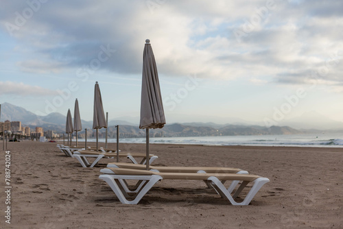 beach chairs and umbrellas