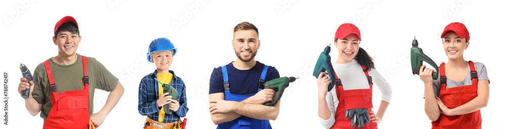 Set of workers and little boy with electric drills on white background Set of workers and little boy with electric drills on white background