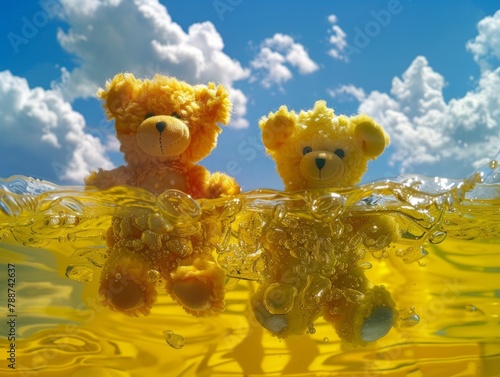 in transparent yellow water are stuff toys and the other half is blue sky