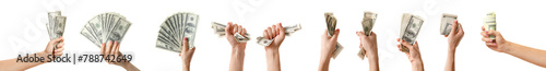 Set of hands with dollar banknotes on white background