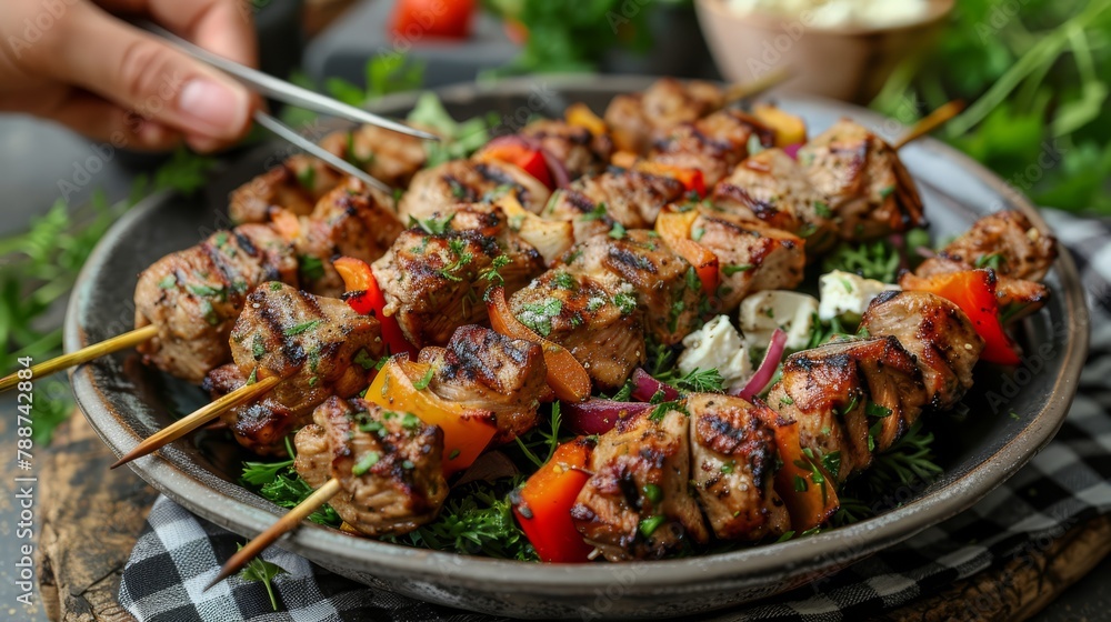   A tight shot of a plate bearing skewers laden with meat and vegetables