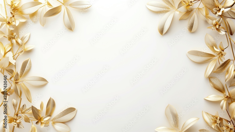 Floral Gold plated blank frame on white background for advertising and invitation promotional purposes