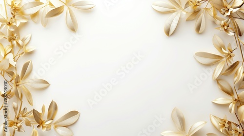 Floral Gold plated blank frame on white background for advertising and invitation promotional purposes