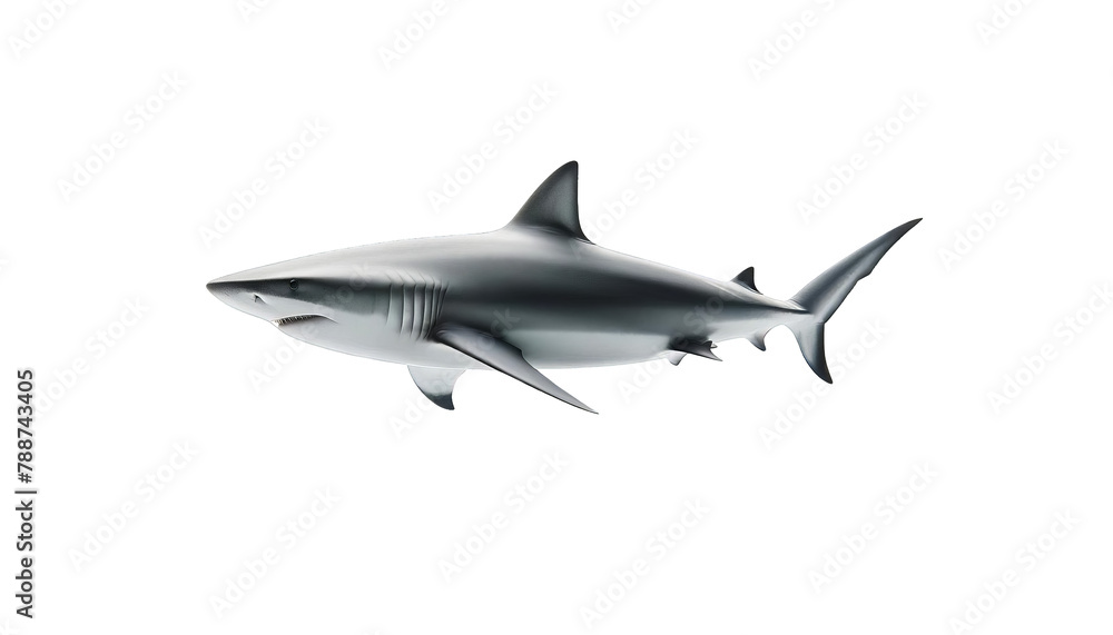 A grey shark with a white belly and black eyes is swimming in the ocean.