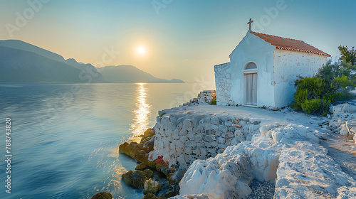 A serene Greek chapel by the sea at sunrise, exuding tranquility and beauty amidst the soft hues of dawn.