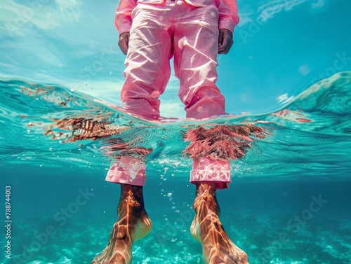 Photography of the man blue elegant shoes in the clear water, one half is under the water and the other half is above, half screen is underwater and the other half is against clear blue sky