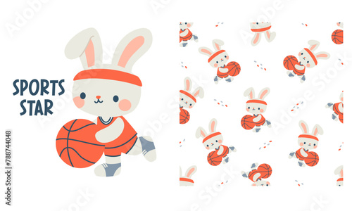 Vector set for printing on children's products. Cute hare playing basketball, white rabbit with ball. Seamless vector pattern for printing . Vector illustration © Alena