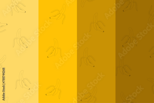 Banana hand draw pattern on 4 colorful backgrounds. Outline fruit with peel. Vector illustration.	
