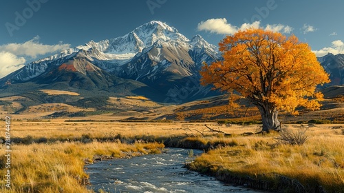  A stream winds through a dry grassy field, adjacent to a towering mountain with a snow-capped peak in the distance