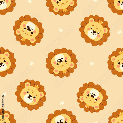 Cute lion faces and a crown. Vector Pattern on beige background for printing on children's products. Vector illustration © Alena
