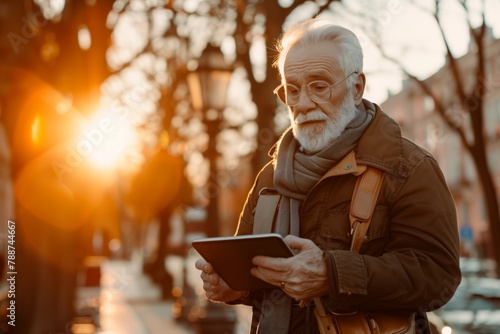Mature man with tablet during golden hour