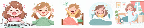 vector collection of happy little girl waking up