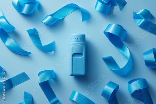 Asthma inhaler and blue ribbons. World Asthma Day photo