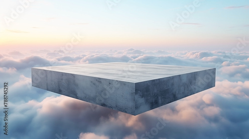 A large concrete platform floating above the clouds under a soft sunset sky. photo