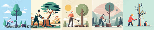 vector collection of men cutting down trees