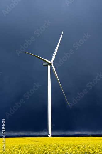 Eoliennes et champ de colza sur fond de ciel orageux