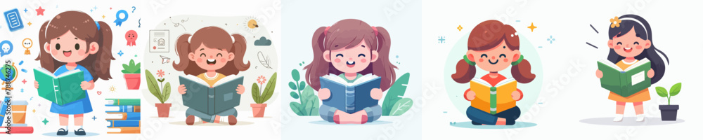 vector collection of happy little girls reading books