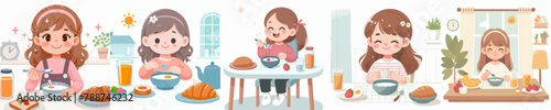 vector collection of happy little girls having breakfast