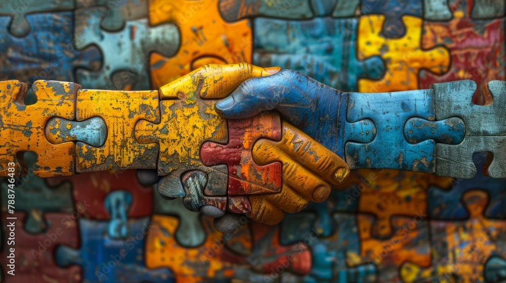 Colorful Puzzle Being Solved by Two Interlocked Hands