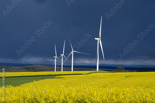 Eoliennes et champ de colza sur fond de ciel orageux