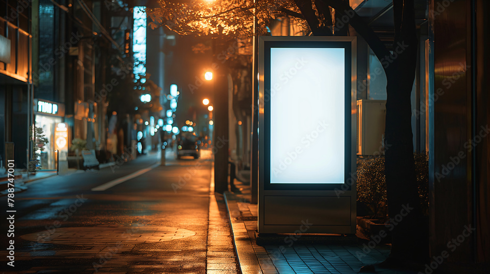 Blank Advertising Billboard on a Bustling City Street at Night Blank Advertising Billboard on a Bustling City Street at Night