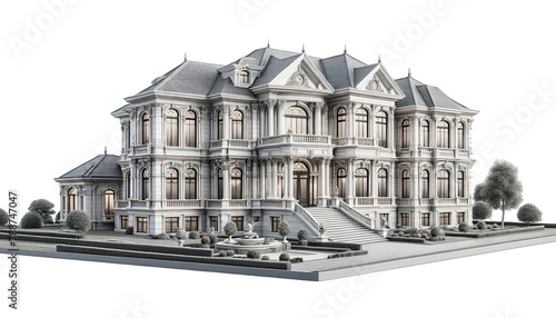 3d rendering of a large white mansion with a fountain in front