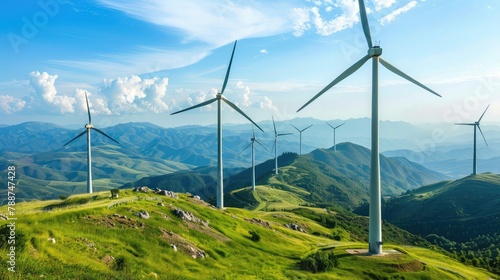 scenic landscape with wind turbines generating clean energy, showcasing renewable energy solutions to mitigate environmental degradation and combat climate change.