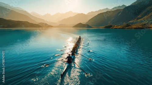 rowing team gliding across tranquil waters, synchronized in motion and determination