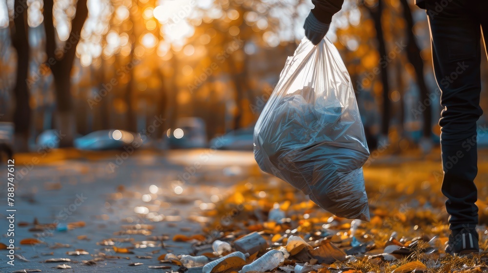 person wearing gloves and holding a trash bag, cleaning up litter in a park to promote environmental cleanliness and waste management. - obrazy, fototapety, plakaty 