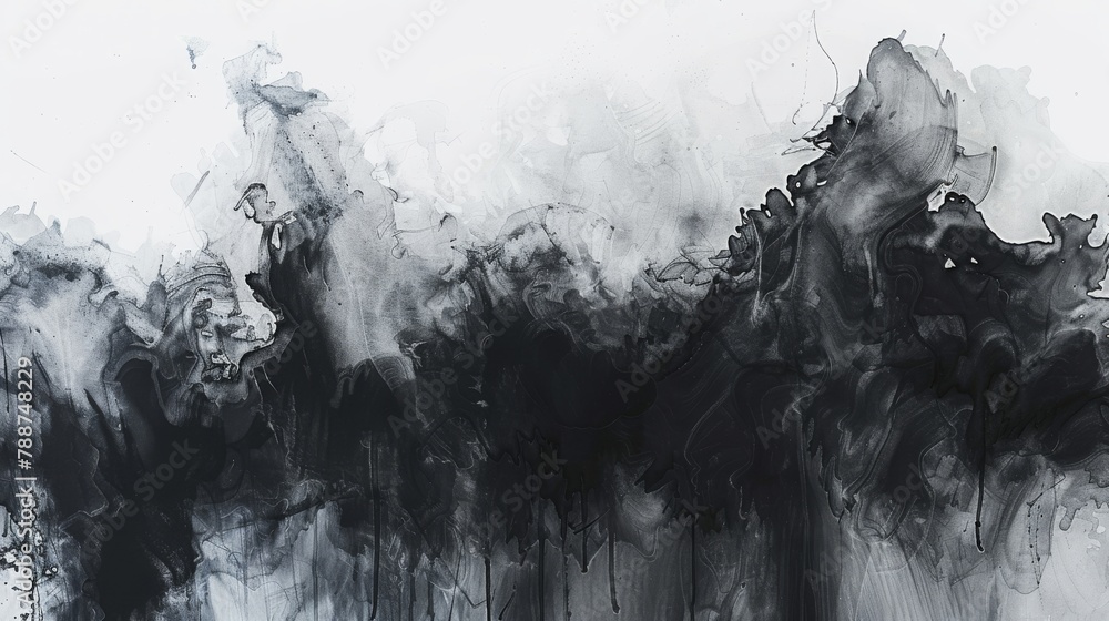 ink techniques dark and white colors background, copy and text space, 16:9