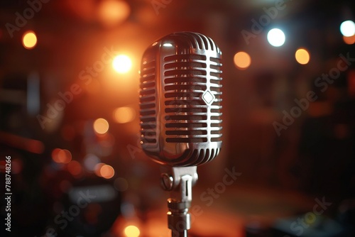 Retro style microphone on background with backlight, colorful light with microphone closeup, retro microphone closeup with colorful light background, microphone closeup, retro microphone, mic closeup photo