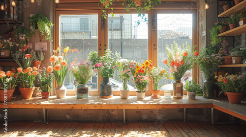  A room teeming with numerous potted plants atop a wooden table, adjacent to a vast window