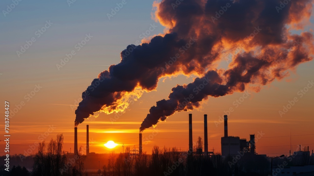 A sunset over a factory with smoke coming out of the chimneys