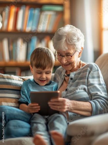 Grandmother with his grandson, watching a tablet together and have a cheerful time. Cosy interior bookshelves in the background	