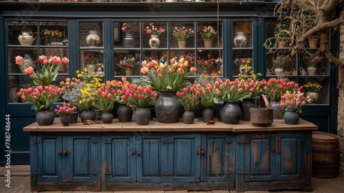  A table holds several potted flowers in front of a glass case filled with more potted plants photo