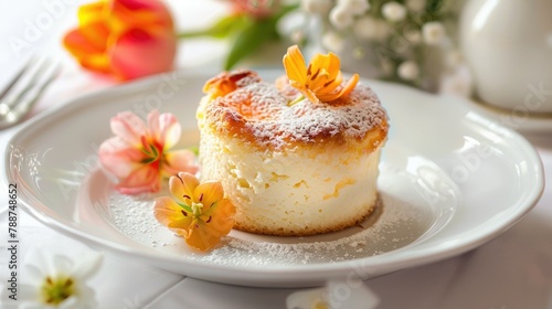 A delectable souffle adorned with delicate tulip blooms graced the pristine white table