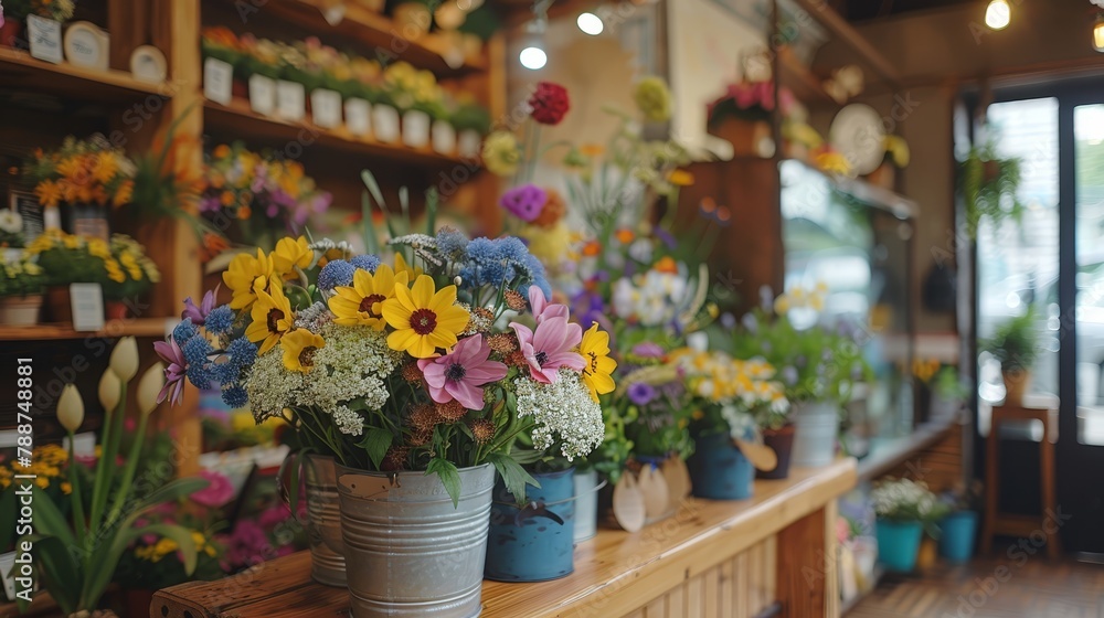   A vase of flowers on a table, facing a wall adorned with shelved blooms