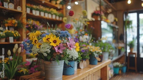  A vase of flowers on a table, facing a wall adorned with shelved blooms