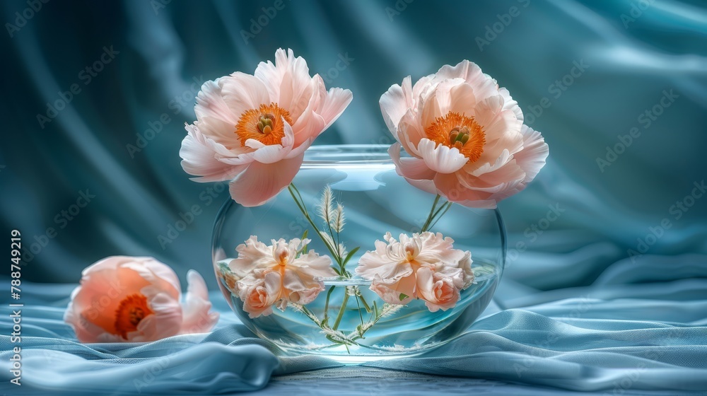 A blue-clothed table holds a glass vase filled with pink flowers Behind it, a blue cloth hangs as a backdrop A blue-clothed table holds a glass vase filled with pink flowers Behind it, a blue cloth hangs as a backdrop