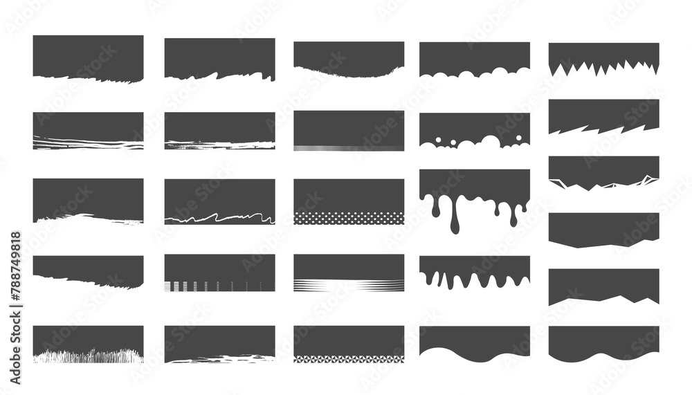 Set of separators, shapes for websites and mobile apps. Curves, lines, drops, waves, circles and triangular dividers for top or bottom page. Frame of header. Grunge shapes, corners Set of separators, shapes for websites and mobile apps. Curves, lines, drops, waves, circles and triangular dividers for top or bottom page. Frame of header. Grunge shapes, corners