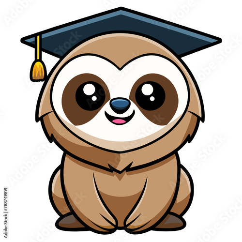 A cartoon sloth is wearing a graduation cap and smiling.