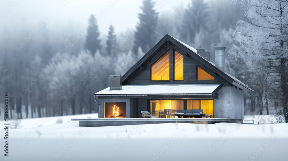 A cozy winter cabin with a fireplace, warm tones, wide angle, secluded, snowy A cozy winter cabin with a fireplace, warm tones, wide angle, secluded, snowy