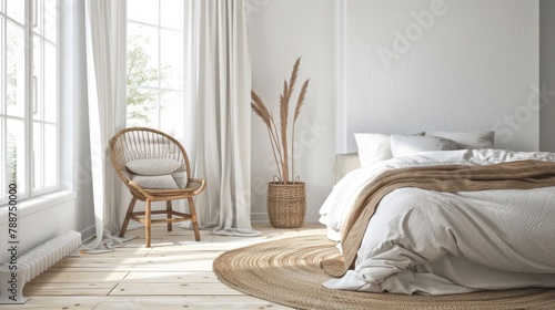 Relaxing Minimalist Bedroom Retreat with Woven Rattan Chair.