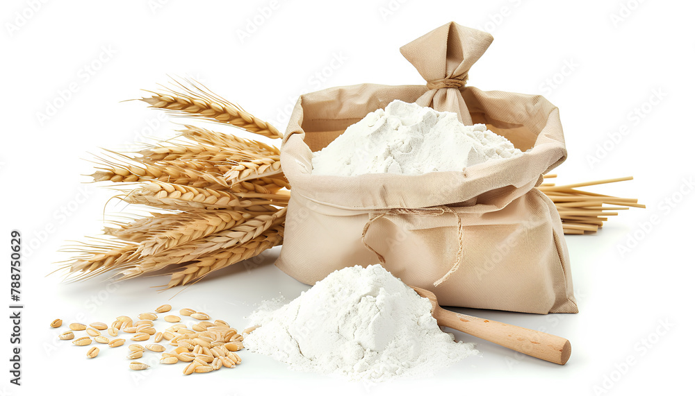 Paper bag with wheat flour and wooden scoop isolated on white background Paper bag with wheat flour and wooden scoop isolated on white background