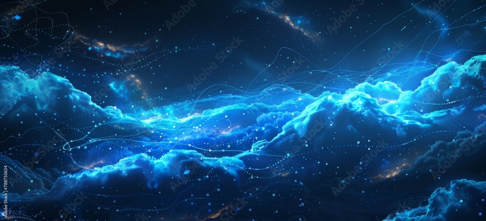 Abstract digital cloud network with glowing blue clouds and futuristic data technology background Generative AI
