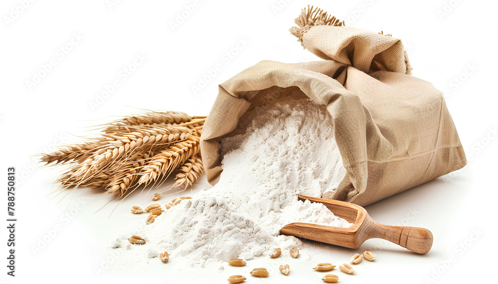 Paper bag with wheat flour and wooden scoop isolated on white background Paper bag with wheat flour and wooden scoop isolated on white background