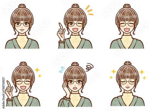眼鏡をかけたシニヨン大人女性のイラスト素材セット