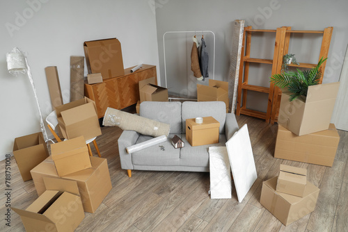 Sofa with cardboard boxes i...