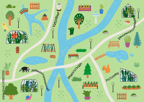 Hand Drawn Nature Garden Greenery Horizontal Map with Road and Lake. Botanical Vector illustration