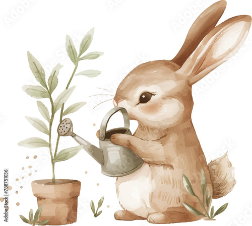 Bunny watering the plant. Watercolor vector illustration
